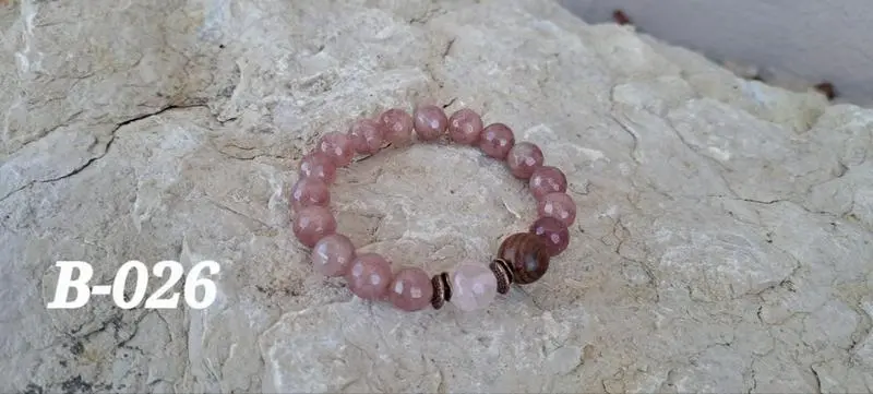 B-026 Bracelet 17-18cm, Stein Achat, Stein Rosenquarz, Holz, Rotkupferfarbene Zwischenteile, Fr. 70.-